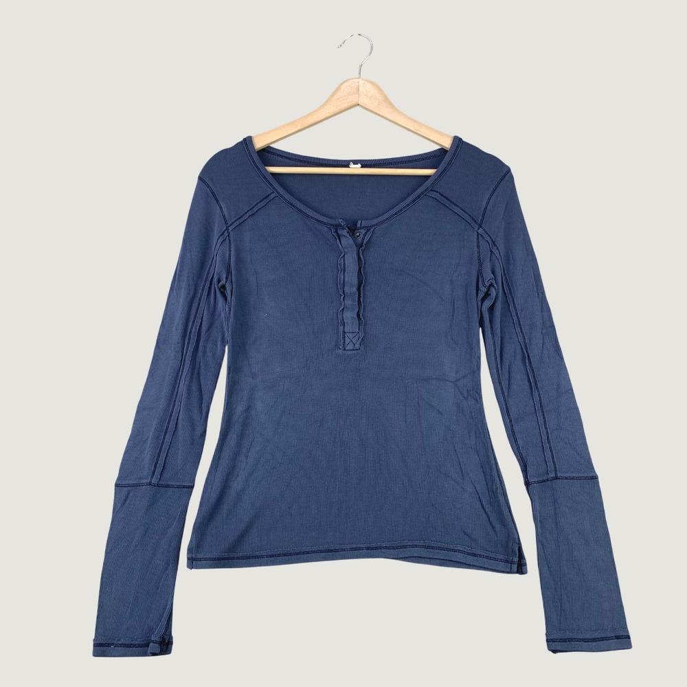 Free People Henley Top Women XS Blue Ribbed Long Sleeve Casual Exposed Seam